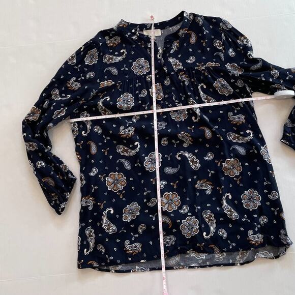 LOFT Navy Boho Floral Paisley V-Neck/Open Neck, Button, Peasant Top/Blouse M - Picture 9 of 11